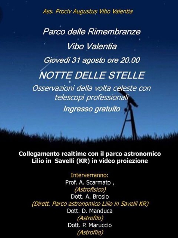 A Vibo la ‘Notte delle Stelle’: nel Parco delle Rimembranze alla scoperta della volta celeste