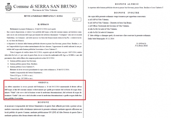 Serra, un’ordinanza di non potabilità che dura da sei mesi